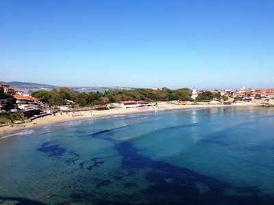 an aerial view of a beach with a group of people at Hotel Parnasse in Sozopol