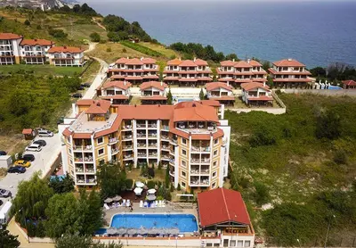 an aerial view of a resort with a swimming pool at Вили Vemara club in Byala