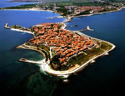 an aerial view of an island in the water at Marvel Delux Private Studio in Sunny Beach