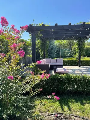 a garden with a bench and a pergola with pink flowers at Garden Villa 2 Bedroom Villa with pool near to Sunny beach in Aleksandrovo