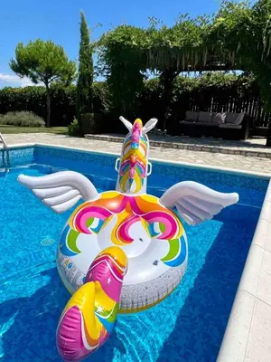 a pool with a colorful inflatable duck in a swimming pool at Garden Villa 2 Bedroom Villa with pool near to Sunny beach in Aleksandrovo