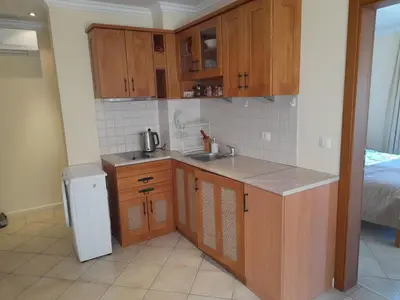 a kitchen with wooden cabinets and a sink and a refrigerator at Трёхкомнатные роскошные апартаменты у моря в Санта Марина in Sozopol