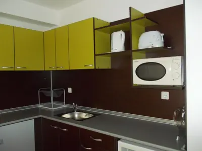 a kitchen with green cabinets and a sink and a microwave at Grand Kamelia Apartment in Sunny Beach