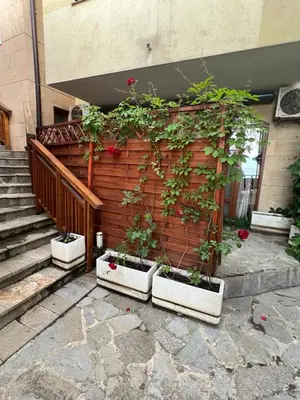 a group of plants in white pots in front of a building at Apartmány Bulharsko Sveti Vlas - Garden of Eden in Sveti Vlas