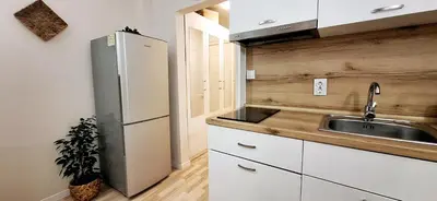 a kitchen with a white refrigerator and a sink at Studio M in Sveti Vlas