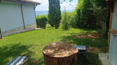 a tree stump with a trash can in a yard at къщи за гости villa Momino in Avren