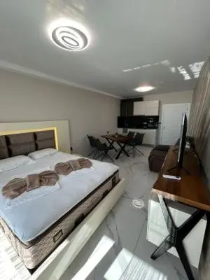 a bedroom with a bed and a desk with a computer at Magic Home in Obzor