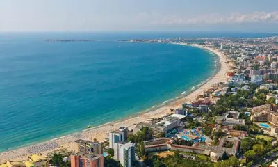 an aerial view of a beach and the ocean at Amadeus 19 in Sunny Beach