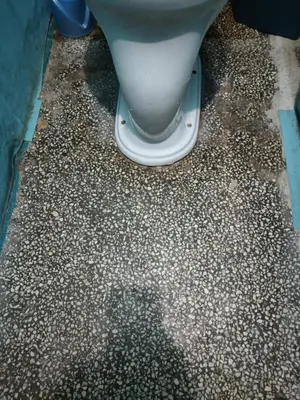 a bathroom with a toilet on a gravel floor at Amadeus 19 in Sunny Beach