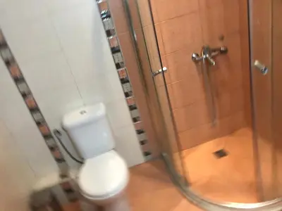 a bathroom with a toilet and a shower at Lozenetz Beach Apartments in Lozenets