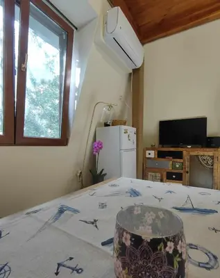 a room with a bed and a window and a refrigerator at Dream Loft in the center of Varna in Varna City