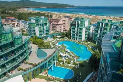 an aerial view of a resort near the beach at Апартамент Del View гр Приморско in Primorsko