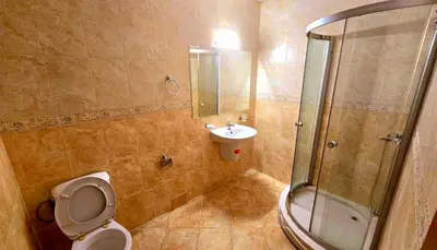 a bathroom with a shower and a toilet and a sink at Апартамент Del View гр Приморско in Primorsko