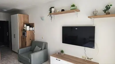 a living room with a flat screen tv and a chair at Vladan apartments in Sozopol
