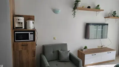 a living room with a chair and a microwave at Vladan apartments in Sozopol