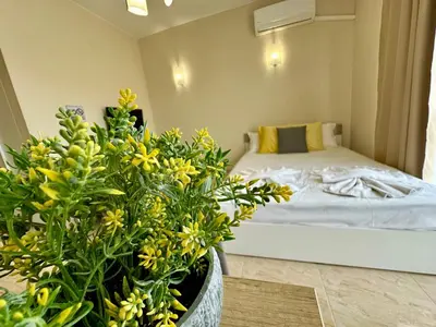 a bedroom with a bed and some plants in at Menada Sea Dreams Apartments in Sveti Vlas