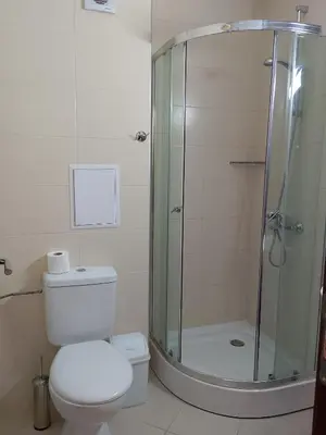 a bathroom with a toilet and a glass shower at Sorrento Sole Mare Studio A Bastet BS in Sveti Vlas