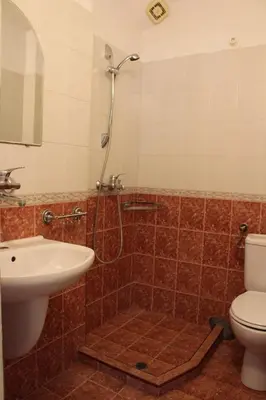 a bathroom with a shower and a toilet and a sink at Апартаменти Амфора in Pomorie