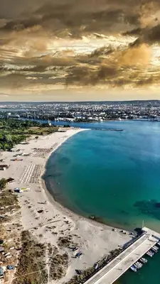 an aerial view of a beach and the ocean at Coral Bay Studio Varna - Beachfront with Free Parking in Varna City