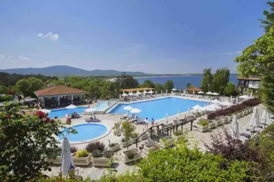 a view of a pool at a resort with a view at KaliAnny in Santa Marina escape from daily routine in Sozopol