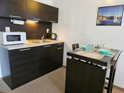 a kitchen with a sink and a counter with a microwave at Студио за нощувки в Сарафово in Burgas City
