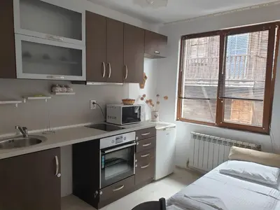 a small kitchen with a sink and a microwave at Apartament Magi in Sozopol