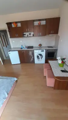 a kitchen with a stove and a table in a room at Guest House Sveti Vlas in Sveti Vlas
