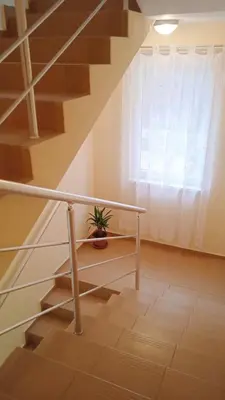 a staircase with a potted plant and a window at Апартамент в непосредствена близост до плажа in Burgas City