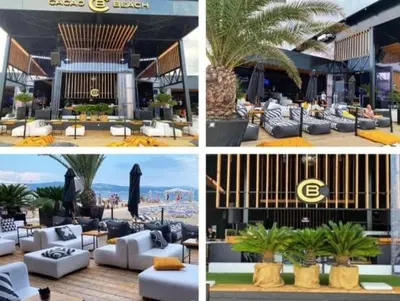 a collage of four pictures of a hotel with couches and palm trees at Apartment at Royal Sun, Sunny Beach in Sunny Beach