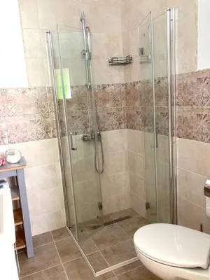 a bathroom with a glass shower with a toilet at Gemütliche Ferienwohnung zwischen Bergen und Meer in Orizare