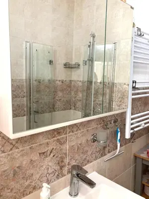 a bathroom with a sink and a glass shower at Gemütliche Ferienwohnung zwischen Bergen und Meer in Orizare