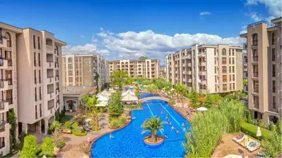 an aerial view of a resort with a swimming pool at La Dahlia studio - Cascadas family resort in Sunny Beach