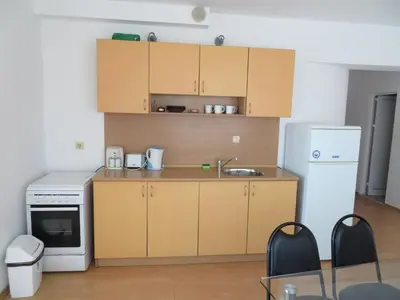 a small kitchen with a sink and a refrigerator at Апартамент Съни Хаус - Sunny House Apartment in Byala