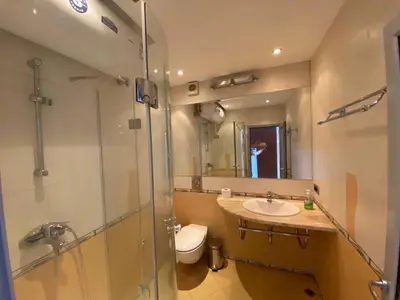 a bathroom with a sink and a toilet and a shower at Sozopol Sunrise in Sozopol