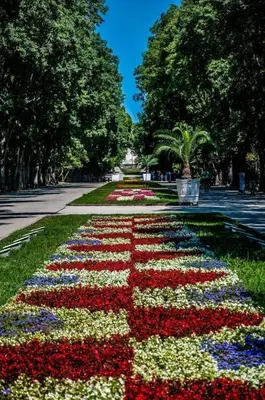a garden with flowers in the middle of a sidewalk at Cozy Studio in Varna City