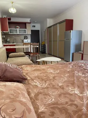 a kitchen and a living room with a large bed at Amphora studio 209 in Sveti Vlas