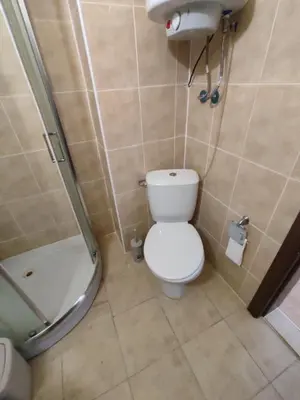 a small bathroom with a toilet and a shower at Double Cream Apartment in Tŭnkovo