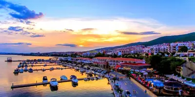a view of a harbor with boats in the water at Sea Sirena with a Mountain View in Sveti Vlas