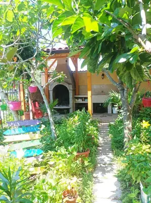a house with a garden with trees in front of it at Rita's - family apartment by the sea in Primorsko