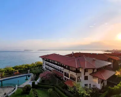 an aerial view of a house and the ocean at Panorama Sea View in Sveti Vlas