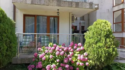 a bunch of pink flowers in front of a house at Studio Blue Triumph in Sveti Vlas