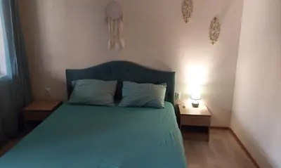 a bedroom with a green bed with two night stands at Etara 2 Apartment in Sveti Vlas