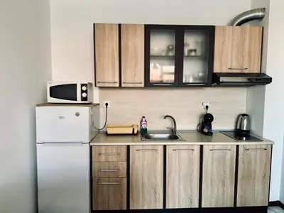 a kitchen with a sink and a refrigerator at Green apartments in Primorsko