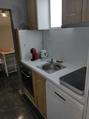 a small kitchen with a sink and a stove at Pomponi in Burgas City