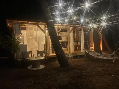 a house with a hammock and a tree at night at Нереида in Sozopol