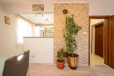 a living room with two potted plants on a wall at Apartment Yanevi in Lozenets