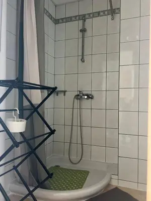 a bathroom with a shower with a green mat next to a toilet at Sol e Mar Private Apartment in Sunny Beach