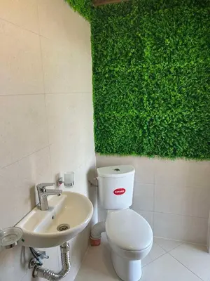a bathroom with a green wall next to a toilet and a sink at Каравана Кътче от Рая in Tsarevo