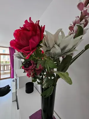 a vase filled with red and white flowers on a table at Romantic Sensual Retreat Studio by Flat Mаnager in Ravda