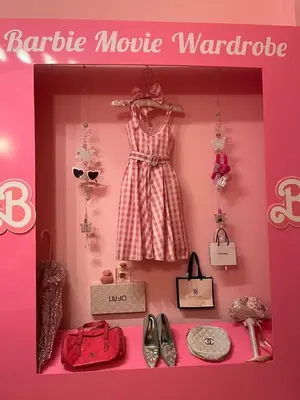 a barbie movie wardrobe with a dress and shoes at Barbie-Themed 3BDR Penthouse Near The Beach, Nessebar in Nesebar